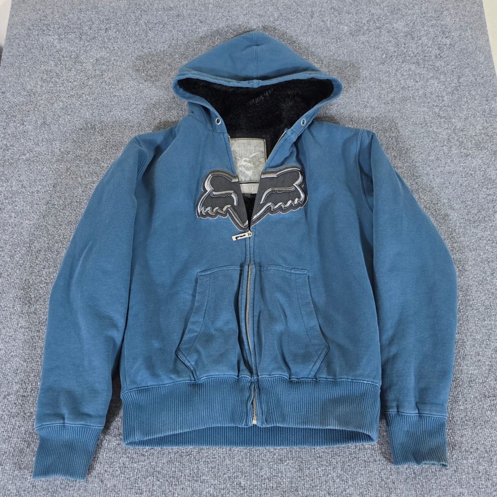2000s Y2K Fox Sasquatch Hoody Mens Size Large Blue Faux Fur Lined Full Zip Logo